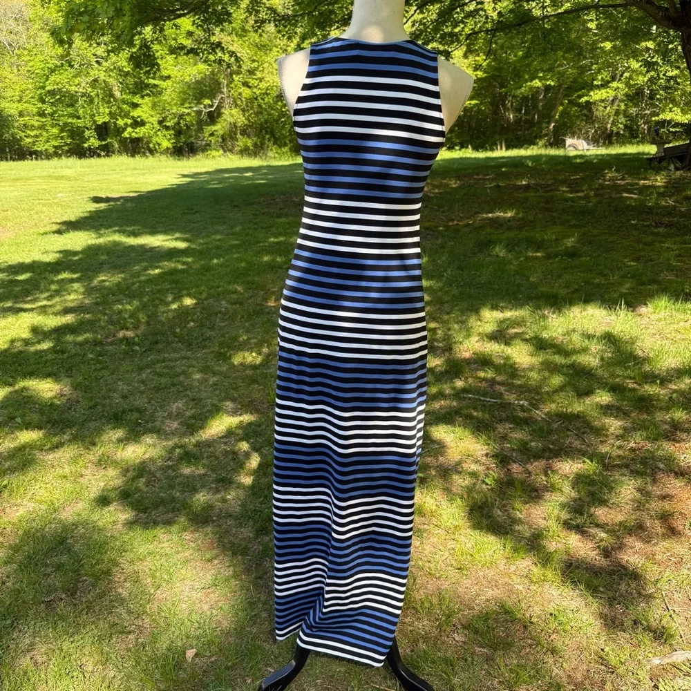 SARA CAMPBELL DRESS MAXI BLACK WHITE BLUE STRIPES SLEEVELESS USA SIZE S